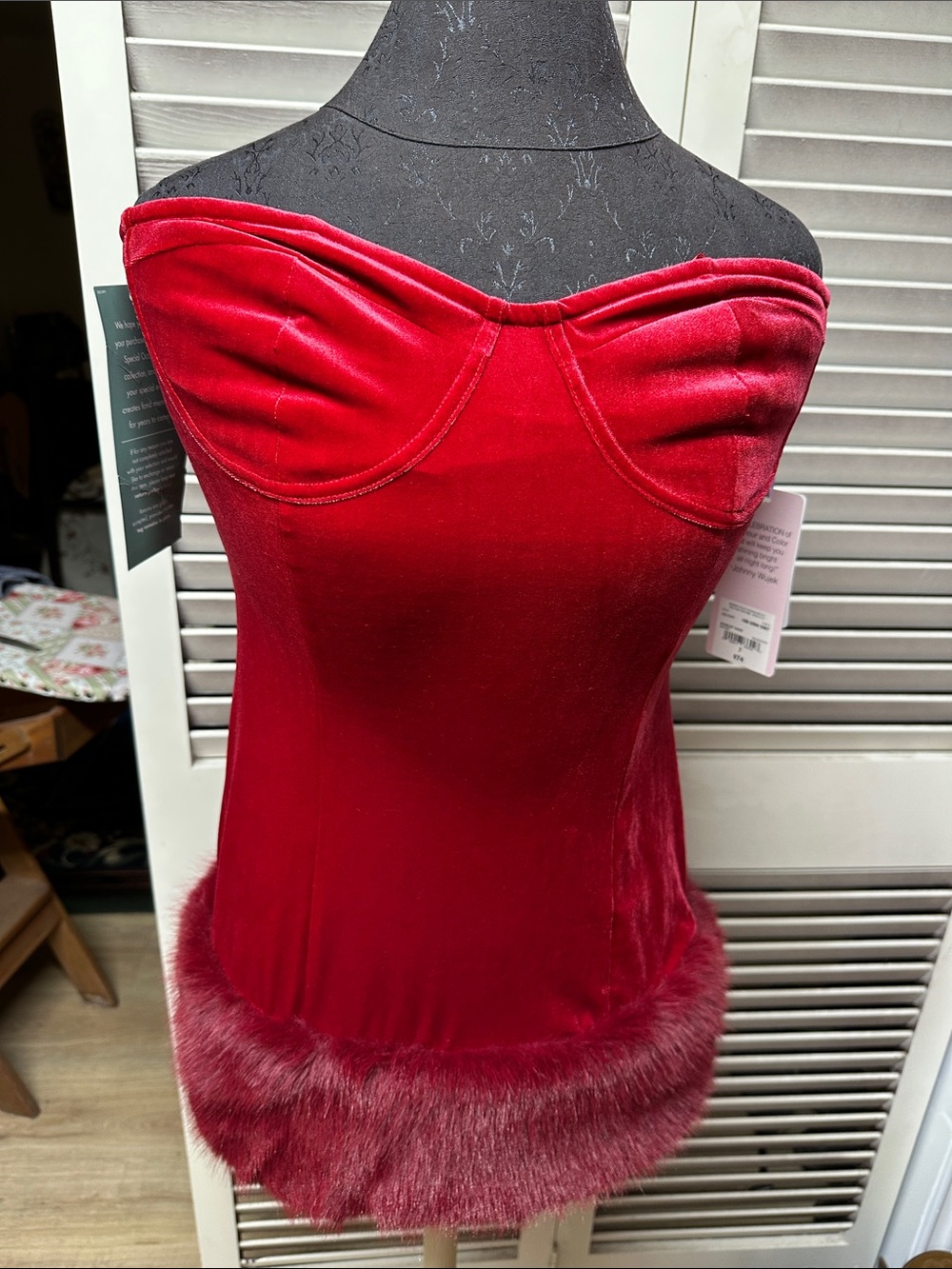 Red Velvet Strapless Chemise with Fur Trim - Women Intimates